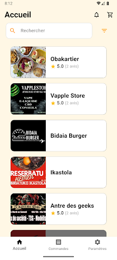 Écran d’accueil Proxigo avec sélection des commerces