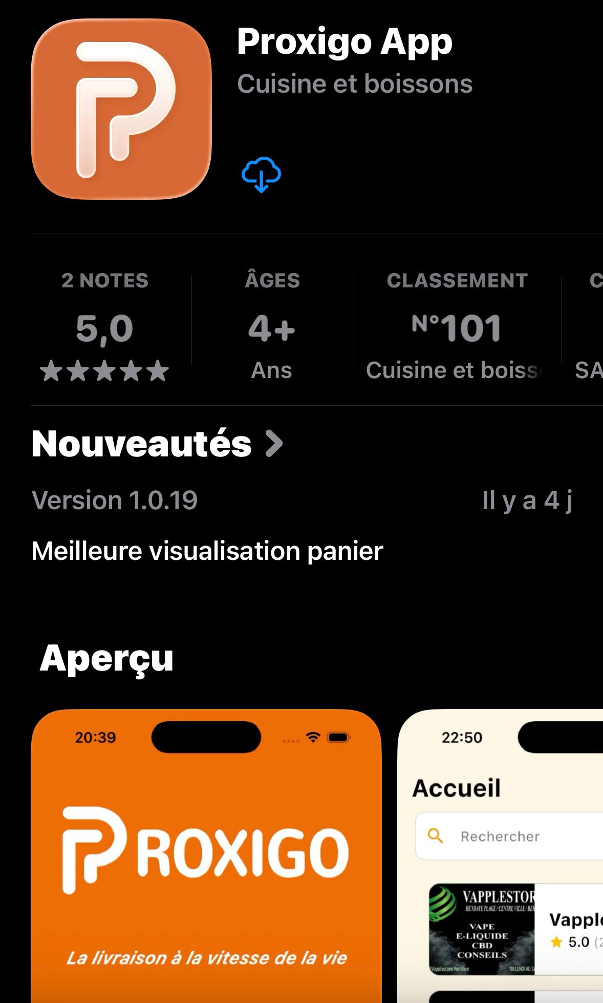 Page App Store de l’application Proxigo